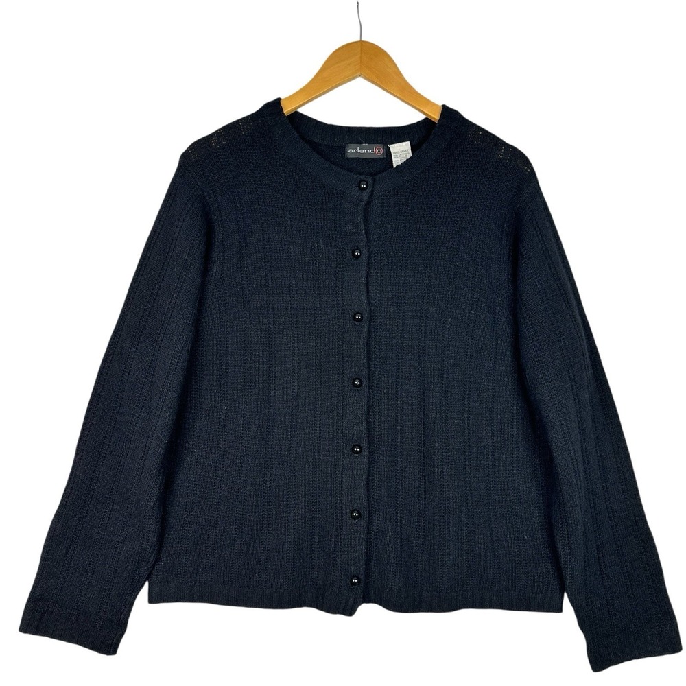 Arlando Black Lambswool Angora Cardigan Sweater Womens Button Front Rib Knit L